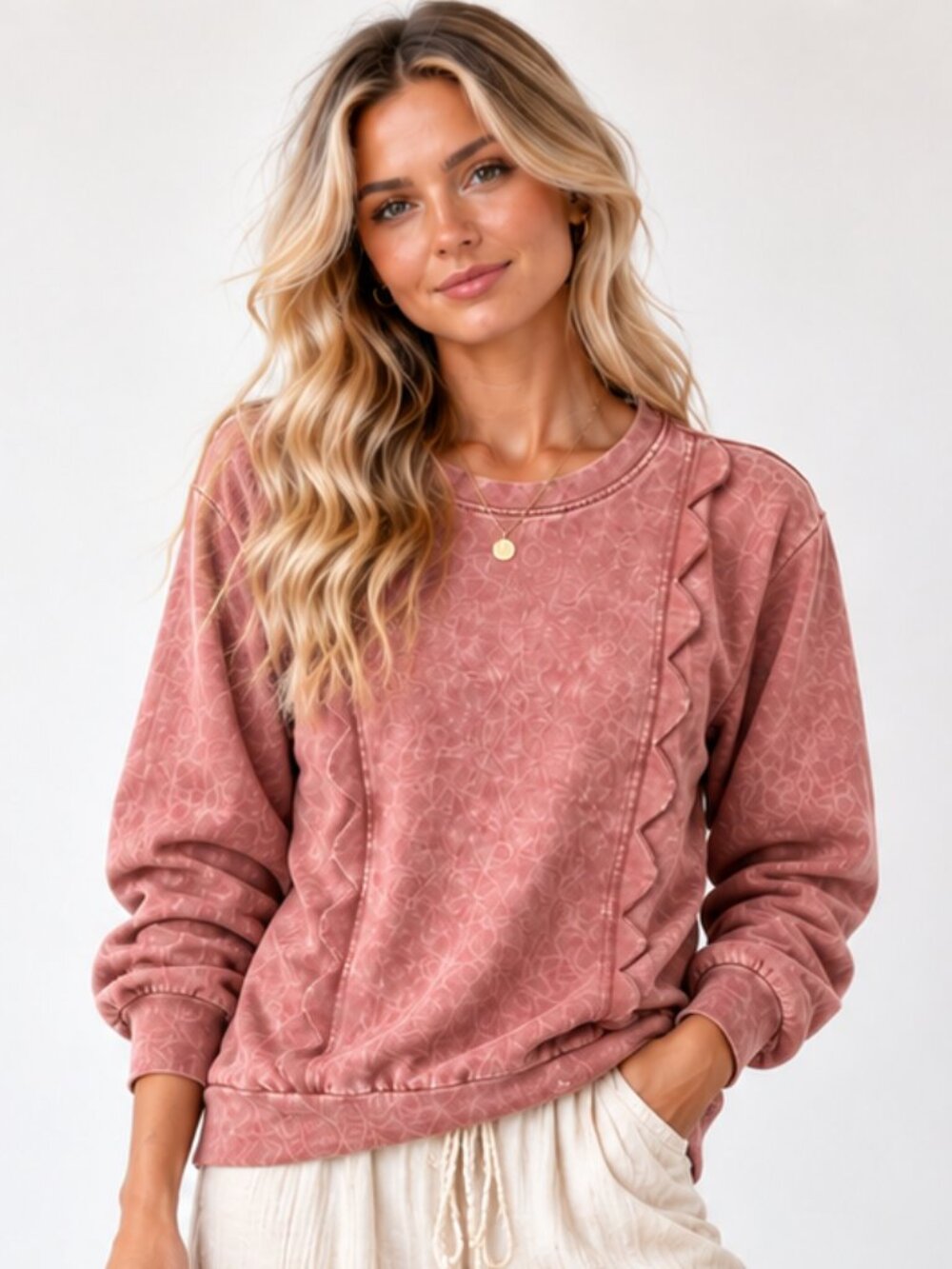 ANTHROPOLOGIE Eri + Ali Weckerlie Scalloped Ruffle Mauve Pink Sweatshirt S EUC